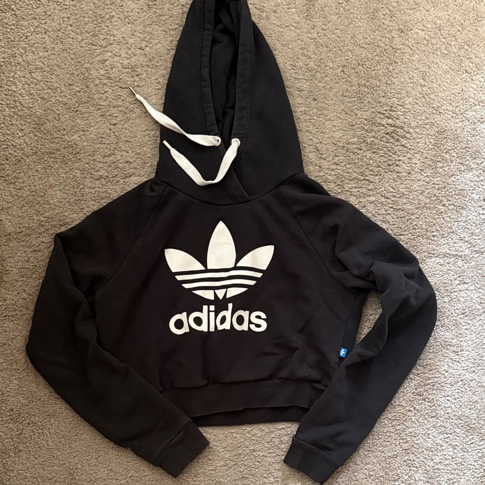 Adidas Black Cropped Hoodie with White Trefoil Logo